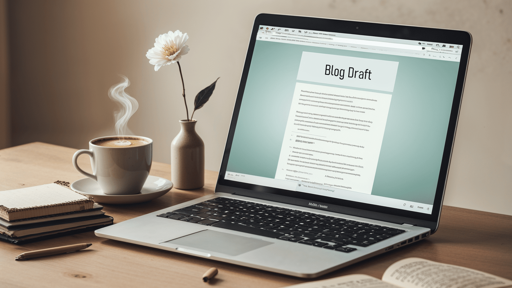 Author working on a blog draft on a laptop, with text editor open, focusing on writing, editing, and structuring content.